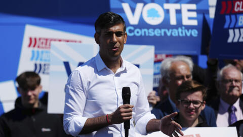 Britain's Prime Minister Rishi Sunak launches the Conservative campaign bus during a speech Saturday,  June 01, 2024 in Redcar, England. Since announcing that the UK General Election will be held on J