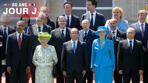 On June 6, 2014, François Hollande, Barack Obama, Queen Elizabeth II, Vladimir Putin, Angela Merkel, Petro Poroshenko and David Cameron pose in front of the Château de Bénouville in Normandy.